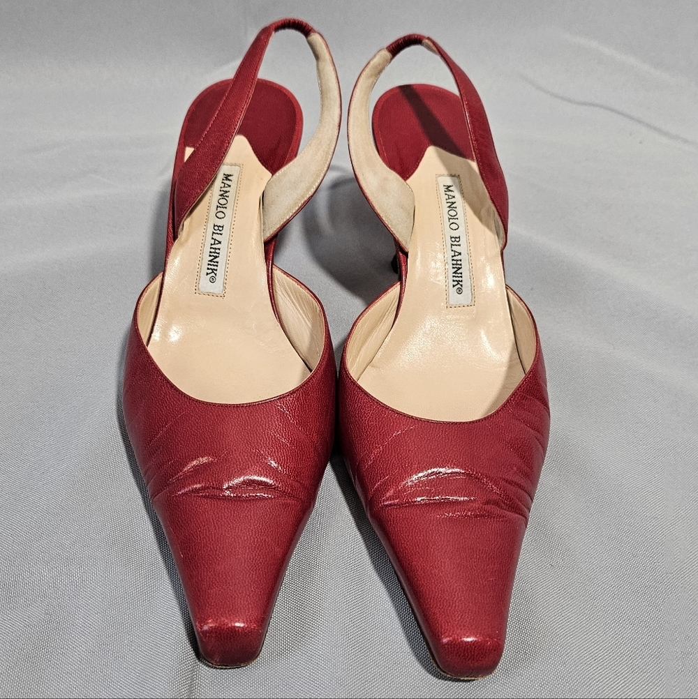 Manolo Blahnik VTG Carolyne Leather Red Sling Back Point Toe Kitten Heel 40/9.5 - Picture 3 of 10